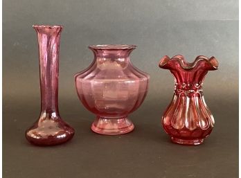 Three Pretty Pieces Of Vintage Cranberry Glass