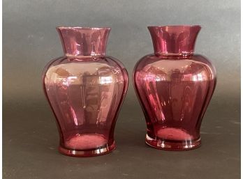 A Beautiful Pair Of Vintage Cranberry Glass Vases, Urn-Shaped
