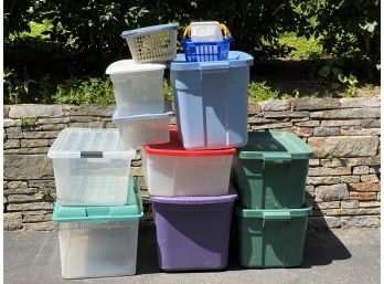 A Stack Of Assorted Storage Bins #14