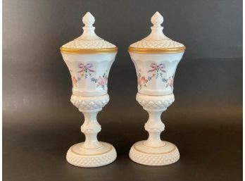 A Pair Of Stunning Westmoreland Glass 'Roses & Bows' Covered Candy Dishes