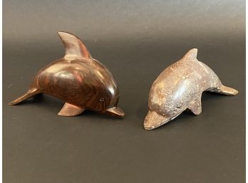A Pair Of Collectible Dolphins In Wood & Stone