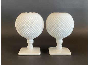 A Pair Of Vintage Westmoreland Ivy Bowls, English Hobnail Milk Glass