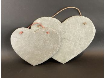 Two Natural Slate Hearts With Rawhide String Hangers