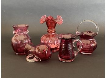 A Great Assortment Of Small Vintage Cranberry Glass Pitchers & Vases, Pilgrim Glass