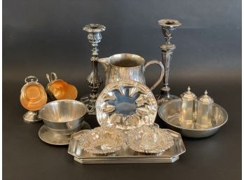 A Group Of Vintage Mixed Metal Tabletop Items, Pewter & More