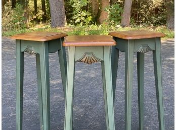 A Set Of Three End Tables, Woodgrain Top, Painted Skirt & Legs
