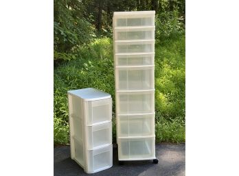 Two Stacks Of Plastic Storage Drawers