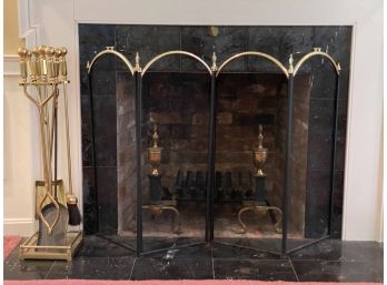 A Gorgeous, Quality Fireplace Accessories: Toolset, Accordion Screen & Andirons