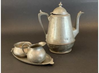 Holland Pewter Creamer & Sugar On Tray With Compatible Coffee Pot