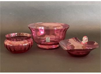 A Selection Of Vintage Cranberry Glass Bowls, Pilgrim Glass