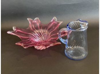 A Large Vintage Cranberry Art Glass Bowl & A Blue Swirled Glass Pitcher