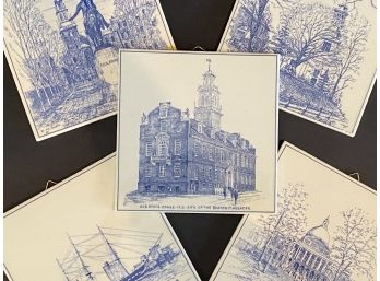 Vintage Delft Blue Decorative Tiles Of Historic Boston,  MA, Made In Holland