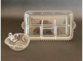 Lovely Vintage Beaded Rim Glass Tray & Dish