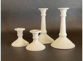 Two Pairs Of Vintage English Hobnail Milk Glass Candlesticks