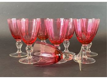 A Really Pretty Set Of Eight Cranberry & Clear Glass Goblets