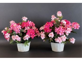 A Cheerful Pair Of Faux Potted Plants With Bright Pink Blooms