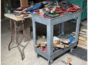 Garage Table, Cart, And Contents