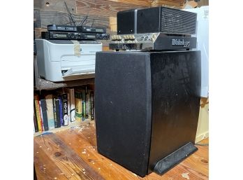 A McIntosh Subwoofer, Amplifiers, And Assorted Wireless Mic Receivers And Printer