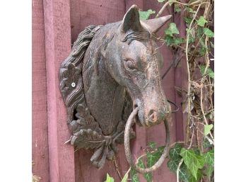 A Large Antique Cast Iron Horse Head Form Wall Mount Hitch
