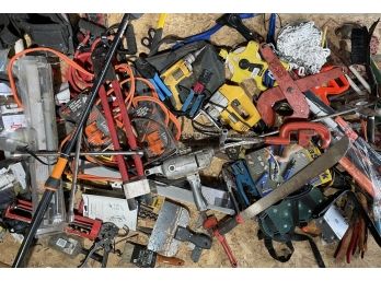 Power Drills, A Machete, And Large Garage Tool And Material Assortment
