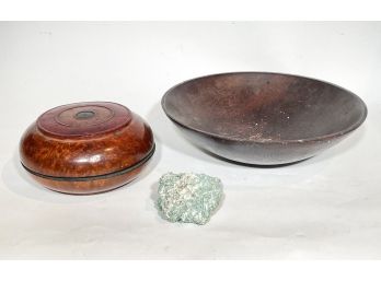 A Large Gemstone And Two Primitive Wood Vessels