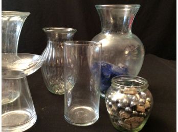 Clear Glass Vase Lot With Blue Glass And Stone Vase Filler