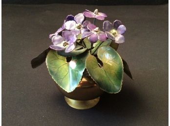 Bovano Of Cheshire Hand Crafted Enameled Violets In Brass Vase