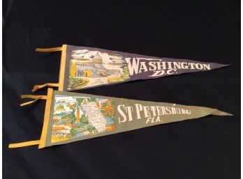 Pair Vintage Souvenir Pennants  Washington DC Saint Petersburg Florida