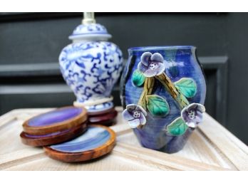 Vintage Blue Agate Coasters, Oriental Lamp & Floral Motif Vase