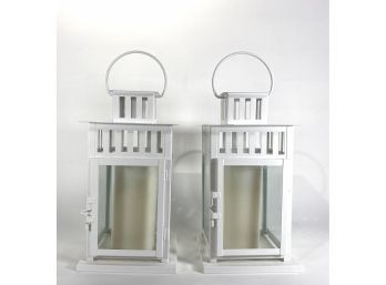 Pair - White Painted Metal And Glass Lanterns With Candles