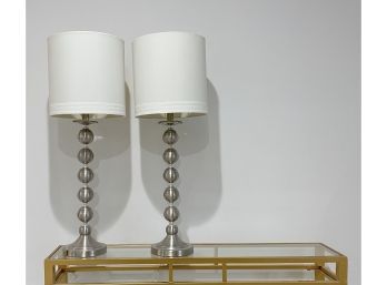 Pair - Stainless Sphere Orb Lamps With Monotone Barrel Shades