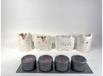 Unicorn And Kitty Ceramic Desk Set With Magnetic Rack Of Cleartop Containers For Office Supplies