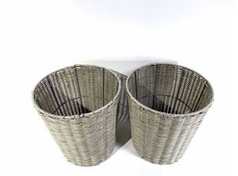 Pair - Greige Wicker Cylindrical Waste Paper Baskets
