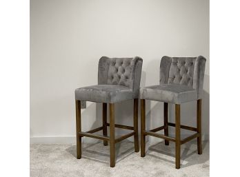 Pair - Winged Side Gray Faux Suede Tufted Back Bar Stools