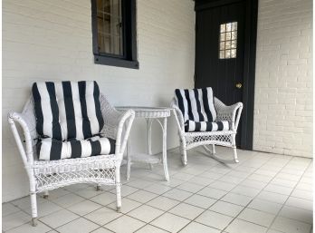 Trio - Antique Wicker - Rocker, Chair And Glass Top Table - Nautica Striped Pillows Included