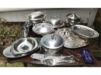 Large Lot Of Silver Plate, Pewter & Stainless Serving Pieces