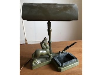 Very Cool Metal Desk Lamp With Figural Horse, Ash Tray & Pen Holder
