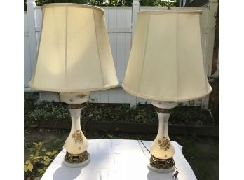 Pair Of Frosted Glass Lamps- Marble & Brass Base