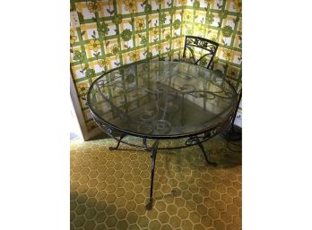 42' Metal Glass Top Round Table With One Chair
