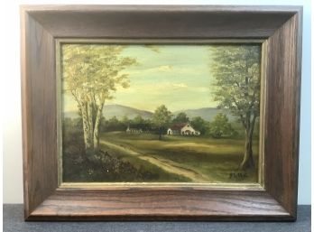 Signed Oil On Canvas Of Houses In The Distance And White Oak Trees