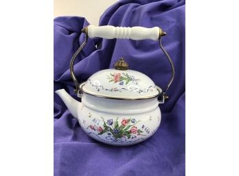 White Enameled Floral Tea Pot