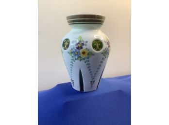 Green Glass Inner Lined White Floral Vase