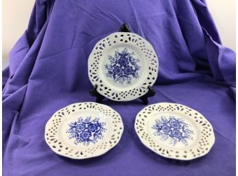 ND Hand Painted Blue Floral Dish Lot Of 3