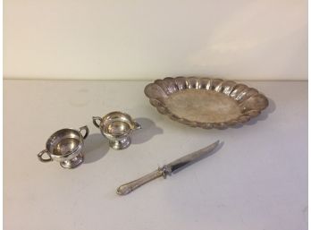 Sterling Silver Cream/Sugar, Knife And Tray