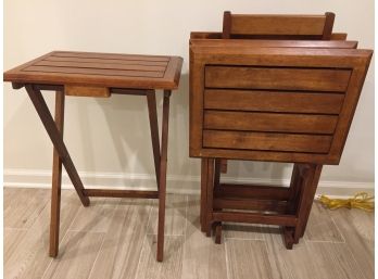 Set Of Four Hardwood Slat Top Folding TV Tables With Stand