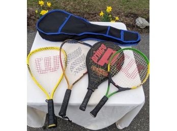 Grouping Of Multiple Different Tennis Racks And Zip Up Racket Bag