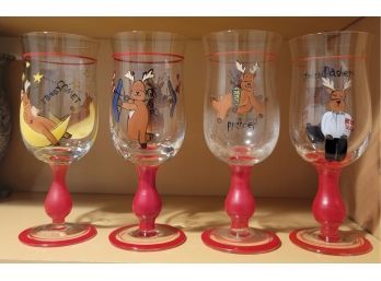 Reindeer Glasses. - Hand Painted Set Of 8-         -          Loc: Kit Cabinet