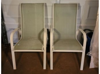 Pair Of Outdoor White Aluminum Chairs.  Sea Foam Green Fabric        -           Loc:Garage