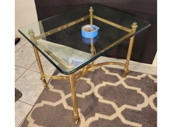 Brass End Table / Foyer Table.     Very Solid Brass Base.  Beveled Glass Top.         Loc: Family Room