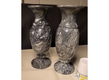 Marble Bud Vases With Interesting Etching.                     Loc -          Kit Cabinet